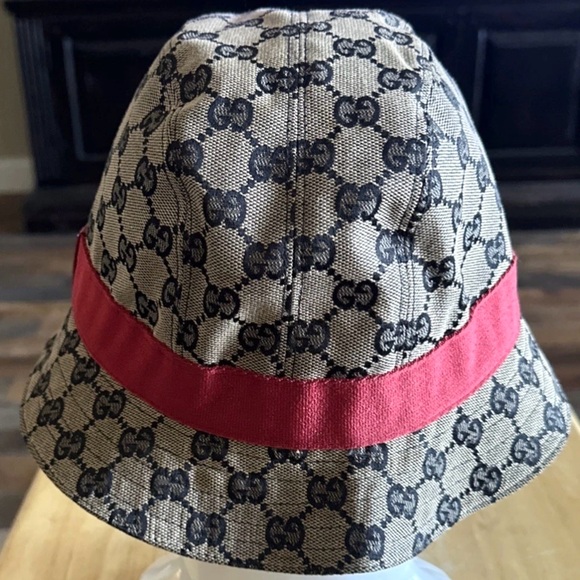 Gucci Bucket Hat Logo Canvas Beige Blue Red Color - Picture 5 of 9